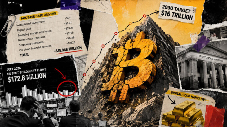 Bitcoin is embedded in a jagged mountain beneath a $16T target, surrounded by ETF flow data, institutional adoption and digital-gold evidence.