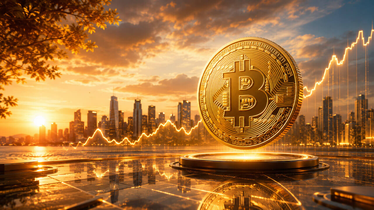Golden Bitcoin coin on a glowing platform surrounded by rising and falling candlestick charts at sunrise.
