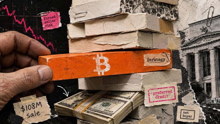 A Bitcoin support block holds up a fragile capital stack above bundled dollars, symbolizing Strategy’s credit and liquidity balancing act.