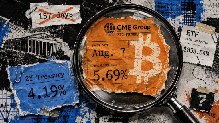 Editorial collage magnifying CME Bitcoin futures at 5.69% on Aug. 7 beside a 4.19% two-year Treasury yield and ETF inflows.