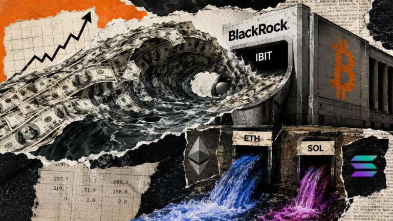 A huge wave of capital crashes into BlackRock’s IBIT Bitcoin structure while smaller Ethereum and Solana flows spill below.