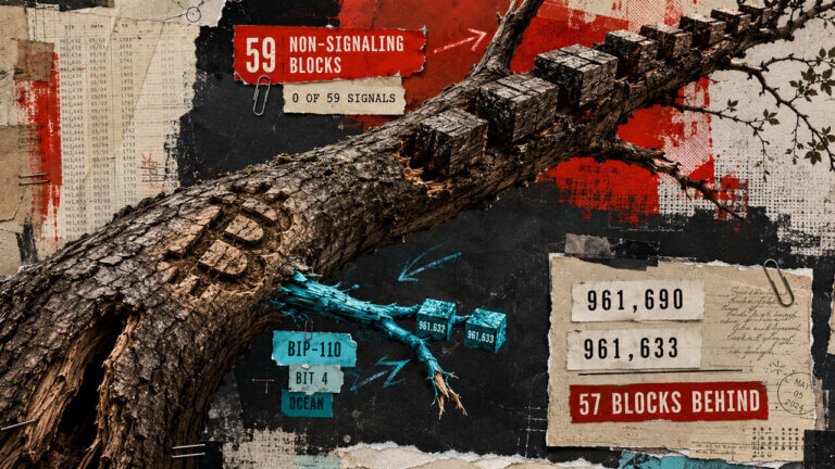 Broken tree-branch collage depicts BIP-110’s two-block Bitcoin fork isolated from the stronger dominant chain, 57 blocks behind.