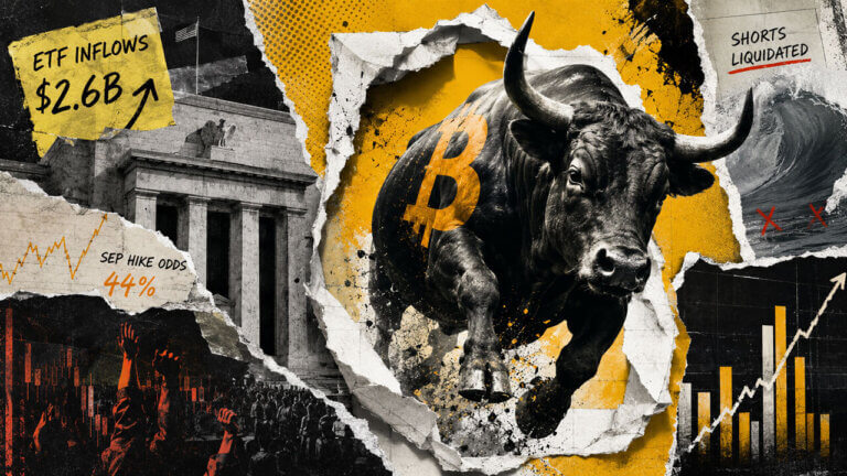 A charging Bitcoin-marked bull breaks through torn paper as ETF inflows support momentum despite rate-hike pressure.