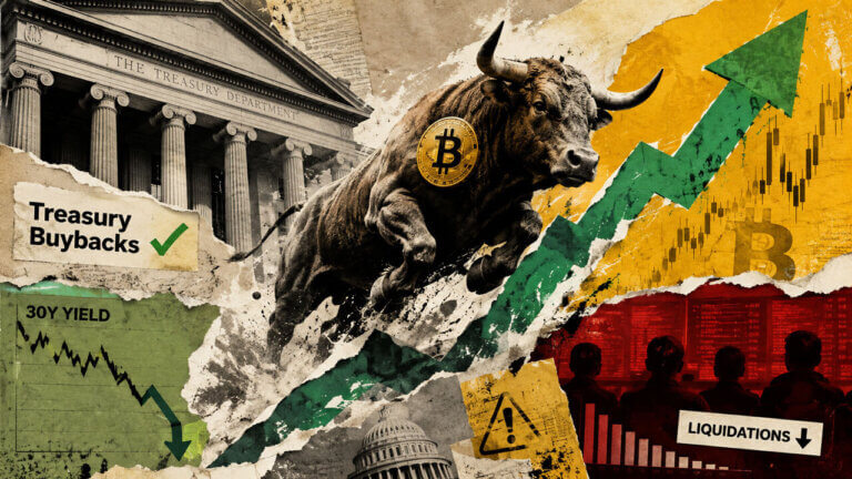 Charging Bitcoin bull surges beside the U.S. Treasury as falling long-term yields and liquidation warnings frame the rally.
