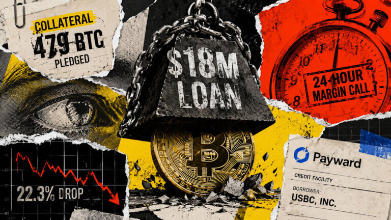 Bitcoin crushed beneath an $18M loan weight, with 479 BTC collateral, a 22.3% drop chart, and 24-hour margin-call imagery.