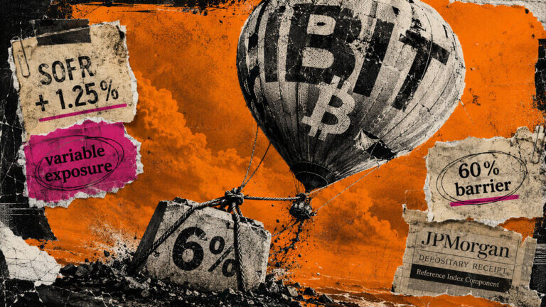 Bitcoin hot-air balloon strained by a heavy 6% weight, symbolizing the annual index deduction, financing costs, and variable exposure.