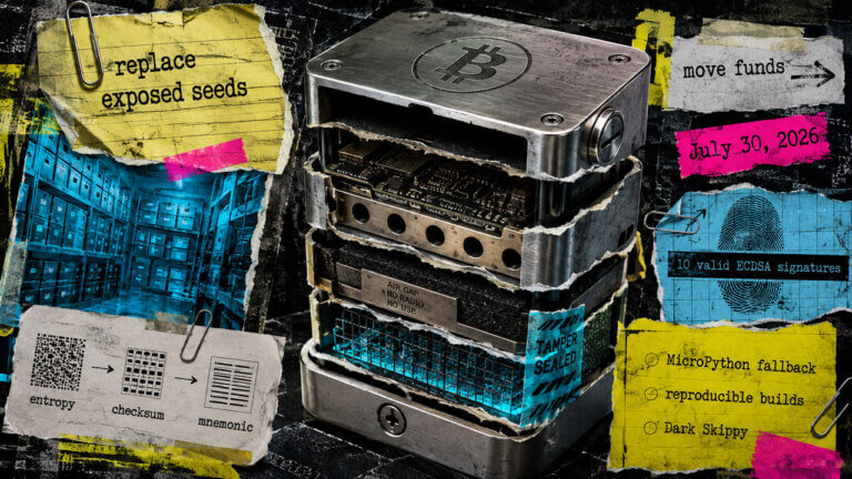 Layered Bitcoin hardware wallet exposes custody risks alongside warnings to replace seeds, move funds, and review software flaws.