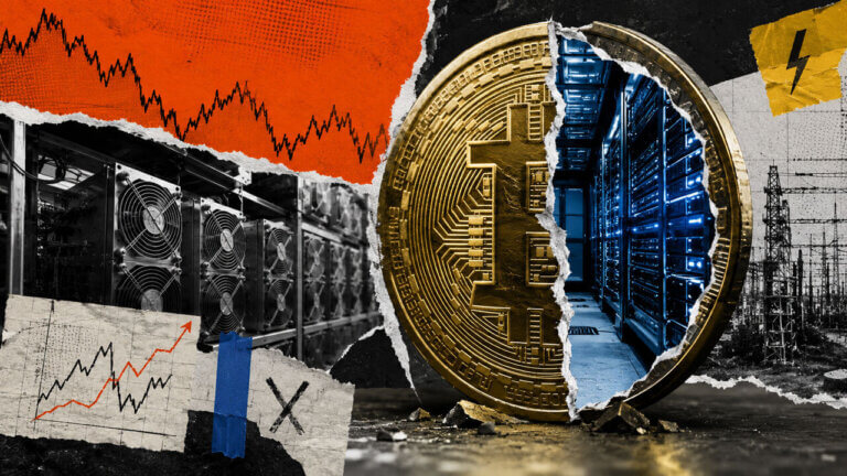 A split Bitcoin coin reveals glowing data-center servers beside mining rigs, illustrating miners evolving into hybrid infrastructure companies.