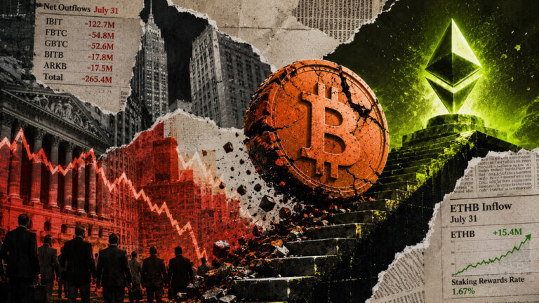 Cracked Bitcoin rolls down a falling market slope while a glowing Ethereum symbol rises on acid-green steps.