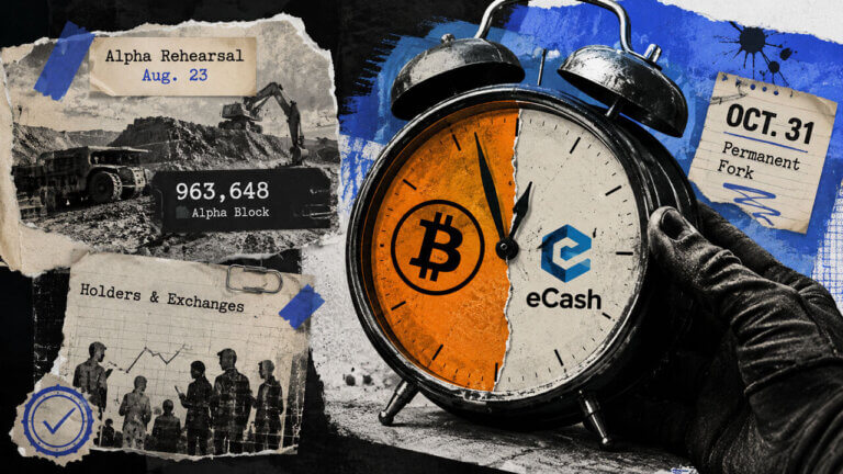 Split Bitcoin and eCash alarm clock illustrates the Oct. 31 permanent fork after the Aug. 23 alpha rehearsal at block 963,648.