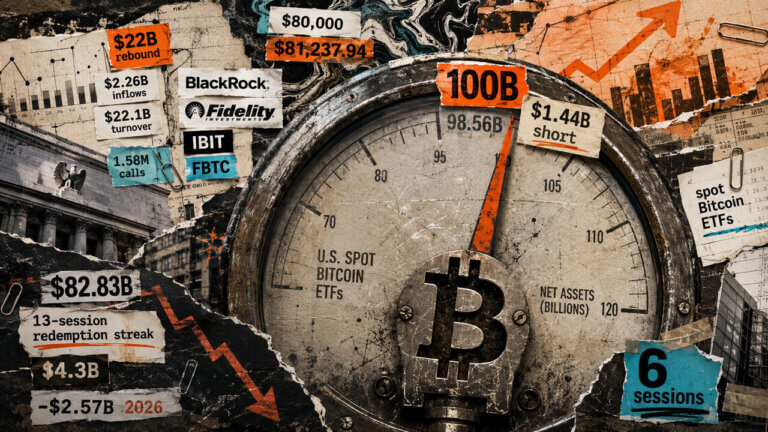 Bitcoin ETF assets near $100B on a distressed financial gauge, surrounded by inflow, trading-volume, and rebound data in an editorial collage.