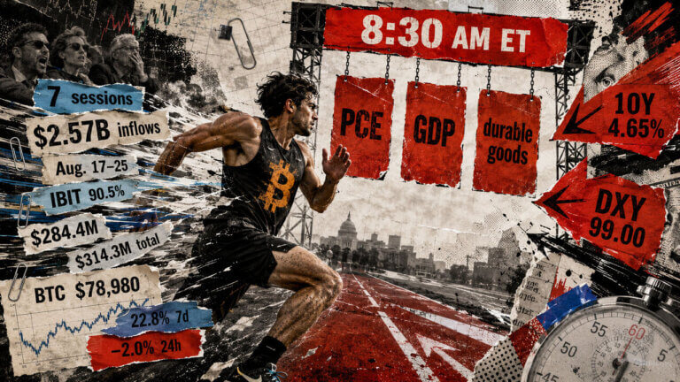 Bitcoin runner approaches the 8:30 AM ET data release after seven ETF inflow sessions, with yields and DXY creating market headwinds.