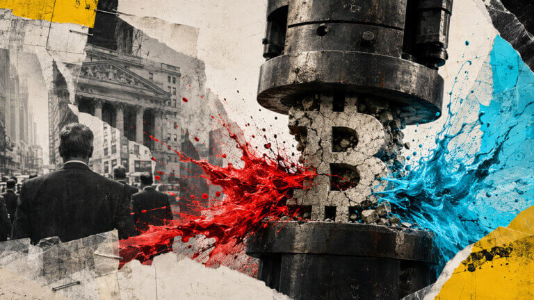 Industrial press crushing a stone Bitcoin symbol as red and cyan liquid bursts across a torn-paper Wall Street collage.