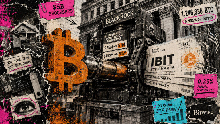 A Wall Street printing press transforms Bitcoin into IBIT ETF shares, illustrating cheaper in-kind conversions and rising institutional custody.