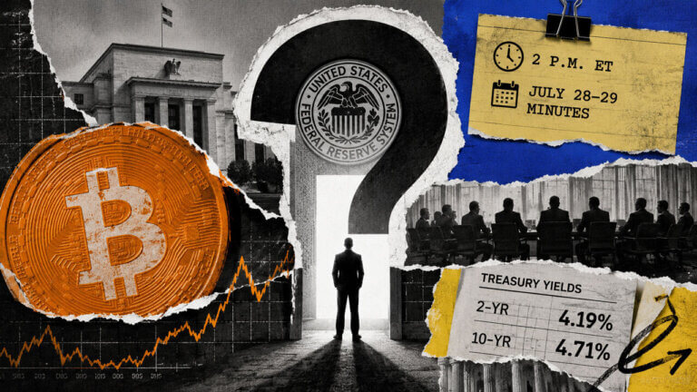 Bitcoin confronts a giant Fed question mark while meeting silhouettes, Treasury yields and the 2 p.m. minutes signal policy uncertainty.
