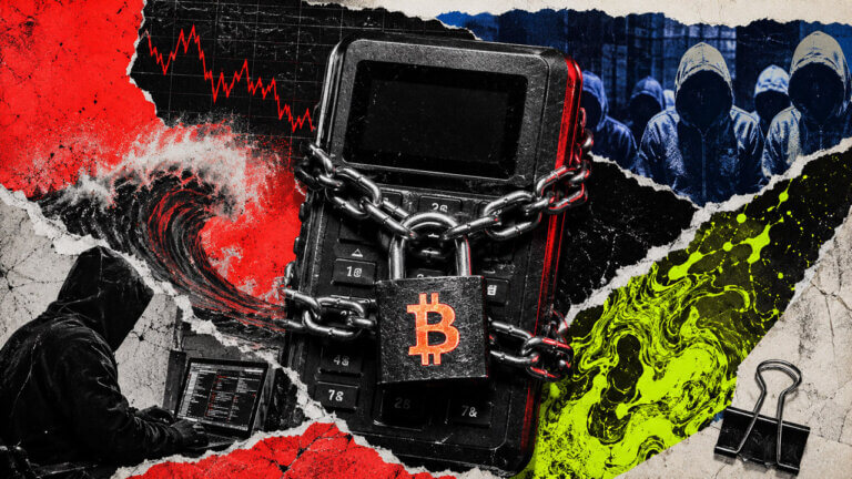 Chained Bitcoin hardware wallet surrounded by hackers, a falling market chart, crashing waves, and electric green ink.