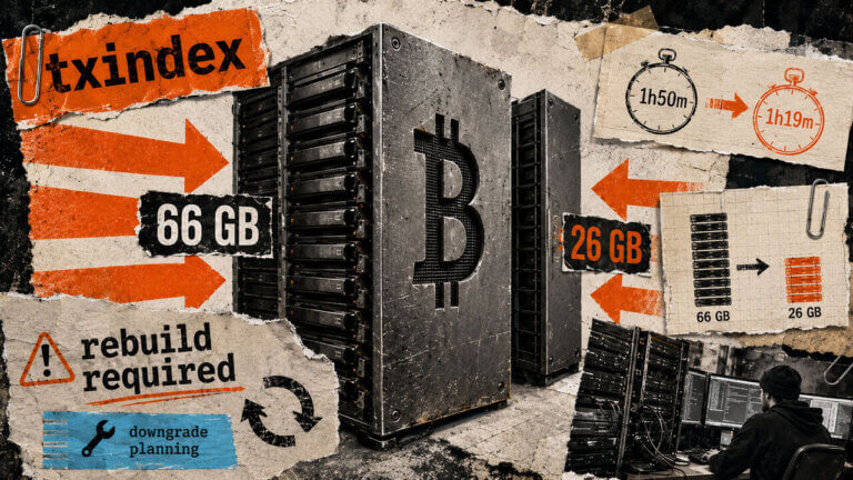 Editorial collage of Bitcoin node storage compression, highlighting 66 GB to 26 GB savings, rebuild requirements, and downgrade planning.