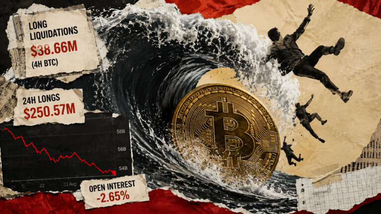 Bitcoin is engulfed by a towering market wave as leveraged traders are swept away and torn data fragments show falling open interest.