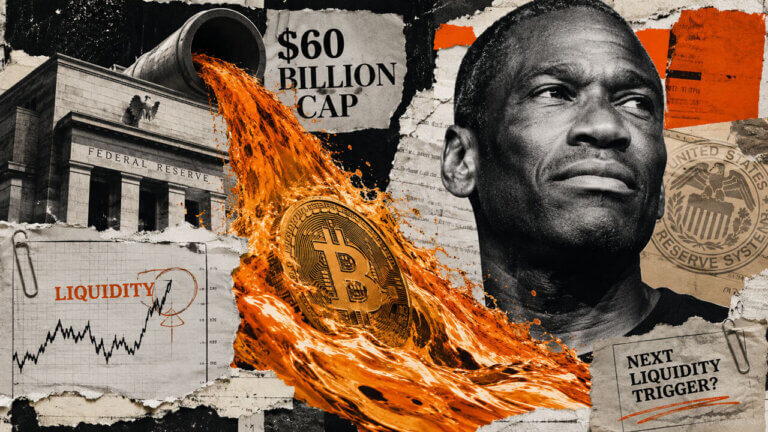 Bitcoin rides an orange liquidity surge from the Federal Reserve beside Arthur Hayes in a layered mixed-media collage.