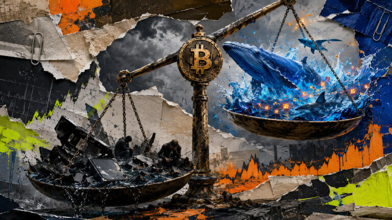 A Bitcoin balance scale weighs rising whales and blue liquidity against broken hardware, dark market pressure, and exhausted traders.
