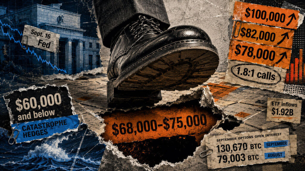 A boot steps toward Bitcoin’s exposed $68K–$75K zone, framed by $60K hedges, upside calls, Fed pressure, and options data.