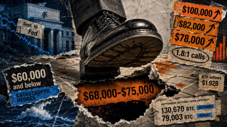 A boot steps toward Bitcoin’s exposed $68K–$75K zone, framed by $60K hedges, upside calls, Fed pressure, and options data.