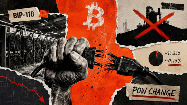 Hand tears apart a mining power cable beside Bitcoin rigs, hashpower figures and torn-paper imagery symbolizing the BIP-110 conflict.