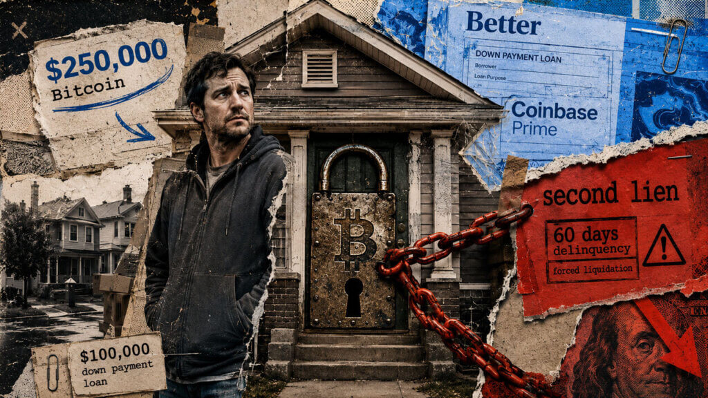 Homebuyer stands before a house locked with a Bitcoin padlock, alongside Better, Coinbase Prime, second-lien, and liquidation warnings.