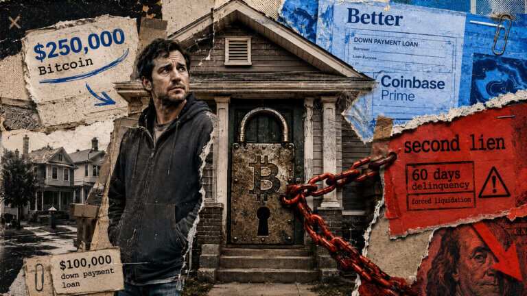 Homebuyer stands before a house locked with a Bitcoin padlock, alongside Better, Coinbase Prime, second-lien, and liquidation warnings.