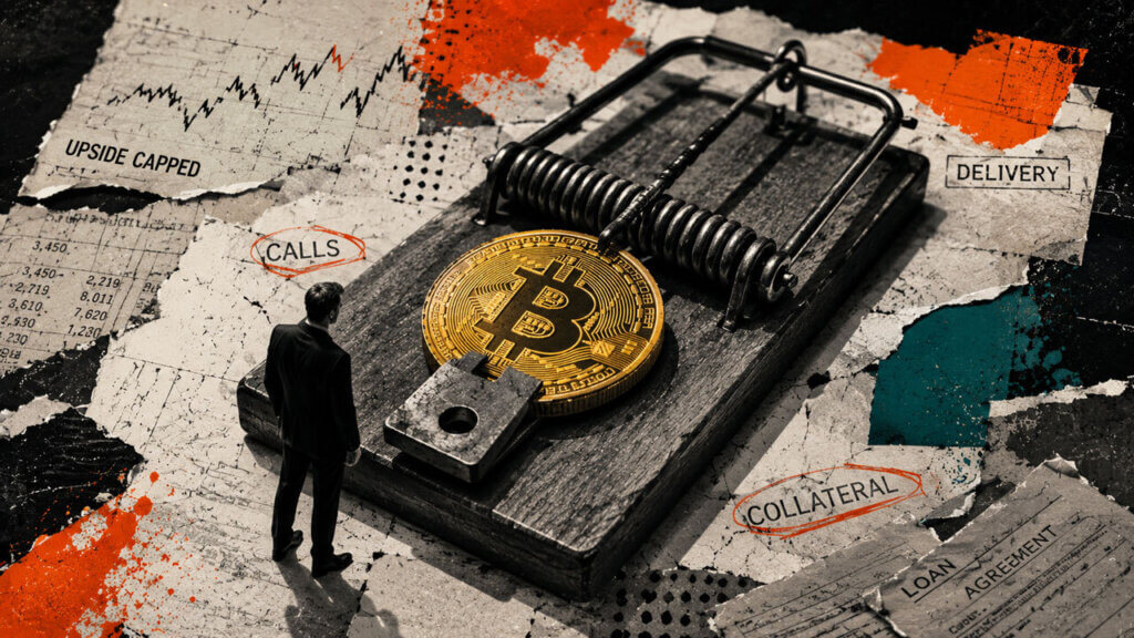 A giant mousetrap closes around Bitcoin, symbolizing how options, collateral and settlement terms can make corporate treasury supply conditional.
