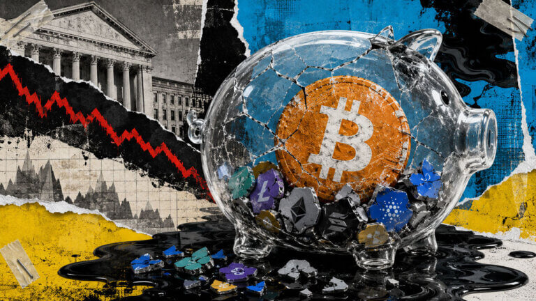 Cracked glass piggy bank packed with Bitcoin and broken crypto assets amid falling markets, symbolizing BITW’s shrinking diversification.