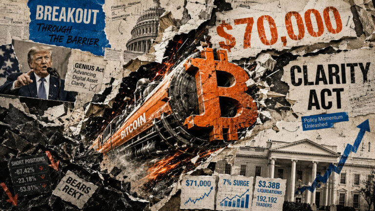A Bitcoin-powered locomotive tears through paper barriers marked $70,000 and CLARITY Act as Trump and U.S. institutions frame the rally.