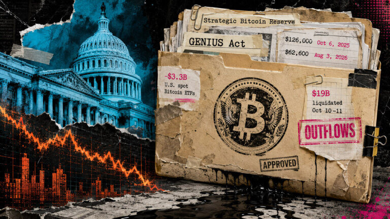Bitcoin podium stands above a fractured, draining market platform with the U.S. Capitol in Washington and trading screens in the background.
