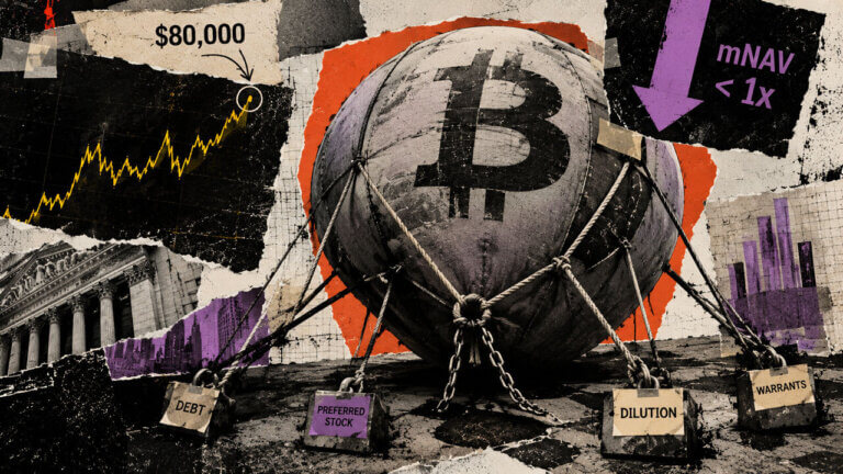 Bitcoin balloon pinned down by debt, preferred stock, dilution and warrants despite an $80,000 price signal.