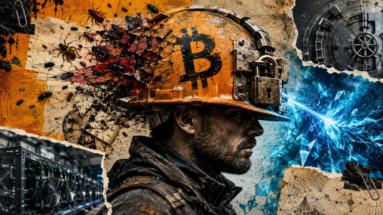 Miner in a locked Bitcoin helmet faces protocol bugs, mining infrastructure, vault security and an electric quantum threat.