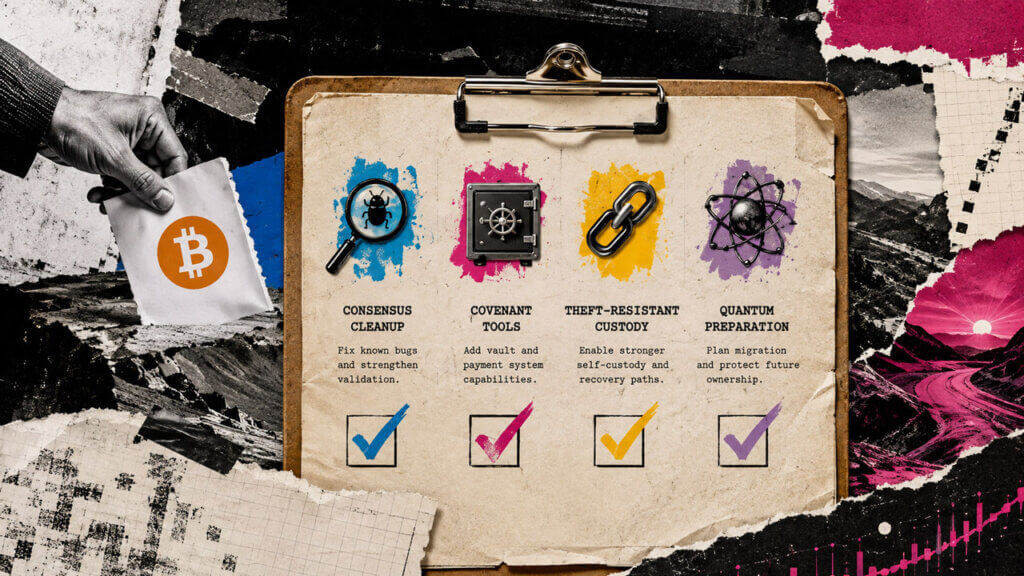Editorial collage of a Bitcoin ballot beside a checklist for consensus cleanup, covenant tools, theft-resistant custody and quantum preparation.