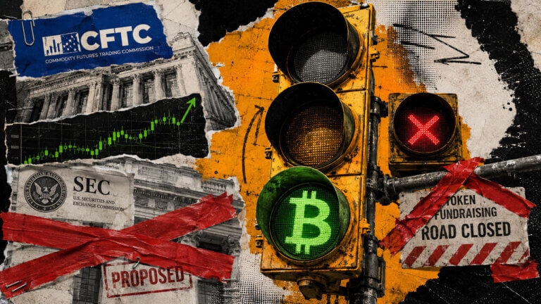 A green Bitcoin traffic signal shows regulated perpetual trading moving ahead as SEC token fundraising remains blocked.