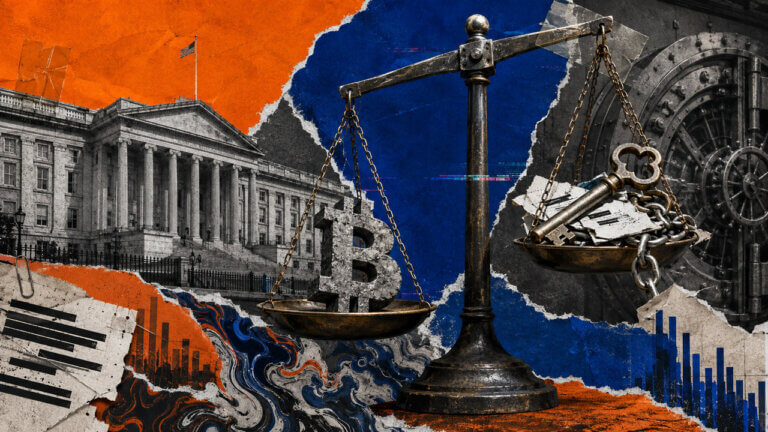 A balance scale weighs a stone Bitcoin sign representing the country's reserve against vault keys, chains, and legal papers beside the US Treasury and a secure vault.
