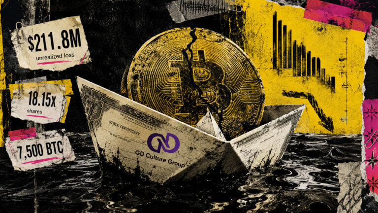 GD Culture stock-certificate boat sinks beneath a cracked Bitcoin as $211.8M loss and 18.15x share growth signal mounting pressure.