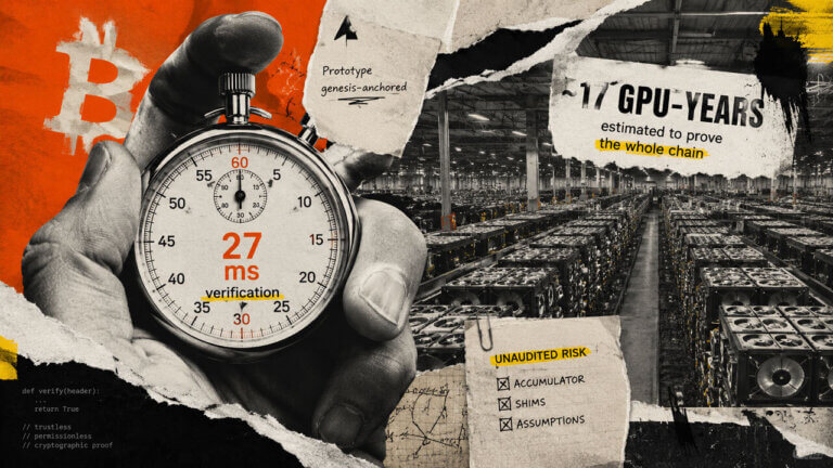 Stopwatch showing 27 ms verification faces a vast GPU facility representing the estimated 17 GPU-years needed to prove Bitcoin’s chain.