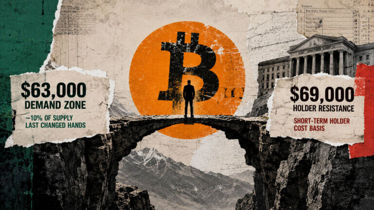 Bitcoin stands between the $63K demand zone and $69K holder resistance, framed by Treasury imagery and a divided market path.