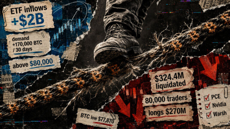Rugged boot balances on a fraying Bitcoin-marked tightrope between ETF inflows and red liquidation pressure in an editorial collage.