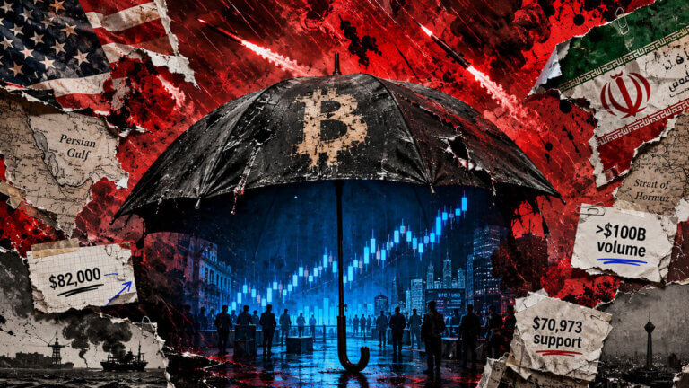 Bitcoin umbrella shields a rising market chart from U.S.-Iran conflict, with volume and support levels framing the bullish setup.