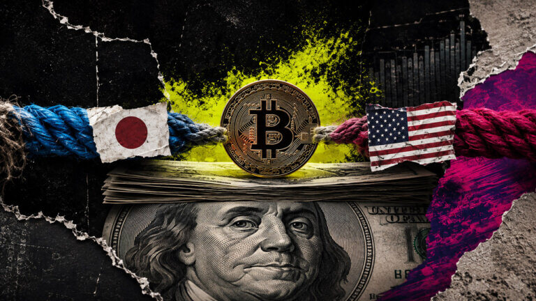 Bitcoin sits between Japan- and US-themed ropes above dollar bills, symbolizing currency intervention and pressure on global capital flows.