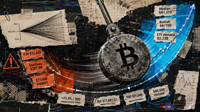 A Bitcoin pendulum swings between bearish orange and bullish blue forecast zones, illustrating September’s wide range of possible prices.