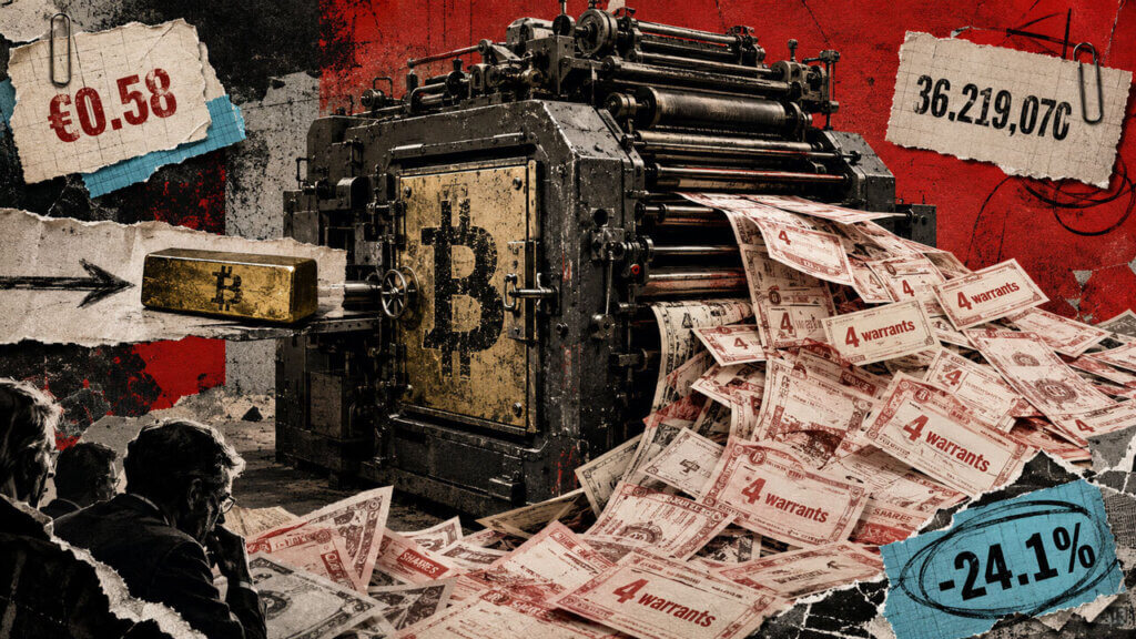 Industrial press turns a Bitcoin treasury input into a flood of warrant slips, symbolizing how contingent dilution can overwhelm shareholders.