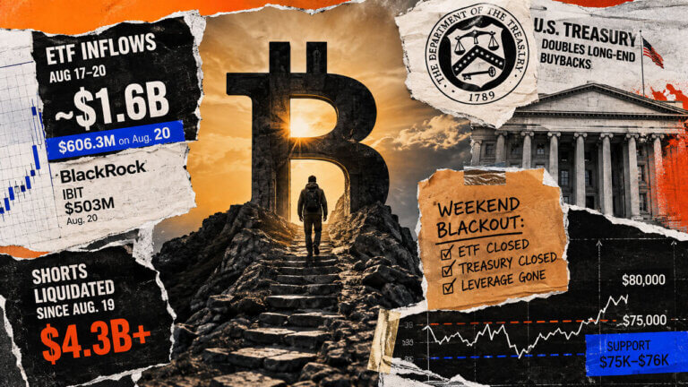 Mixed-media collage of a lone figure approaching a Bitcoin symbol as ETF and Treasury support pause, with $75K support and $80K resistance shown.