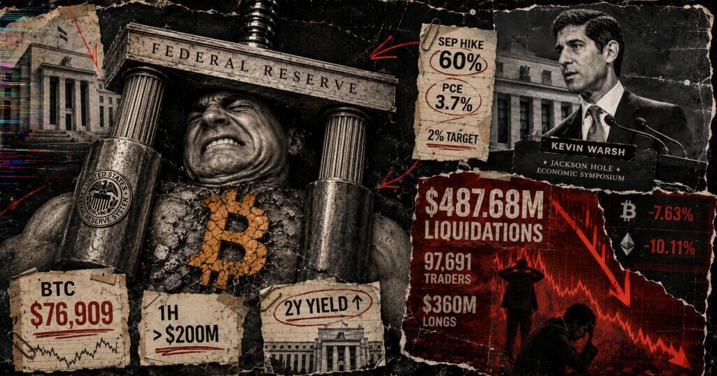 Editorial collage of Bitcoin crushed beneath Federal Reserve pressure, with Kevin Warsh, rate-hike figures, liquidation totals, and falling crypto market graphics.