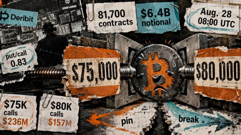 Editorial collage of Bitcoin squeezed between $75,000 and $80,000 strikes, with Deribit expiry data showing 81,700 contracts and $6.4 billion notional.