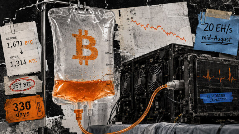 A Bitcoin IV bag feeds orange liquidity into mining hardware, symbolizing BitFuFu using reserves to restore capacity by mid-August.